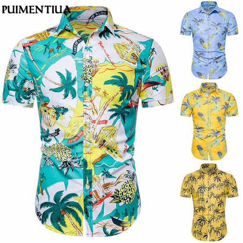 Puimentiua Men's Fashion Print Shirts Casual Button Down Short Sleeve Hawaiian Shirt Beach Holiday Slim Fit Party Shirts Tops