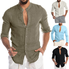 Load image into Gallery viewer, Fashion Men's Casual O-Neck Button Solid Beach Long Sleeve Top Blouse Cotton linen Casual Slim Fit Baggy loose shirts blouse