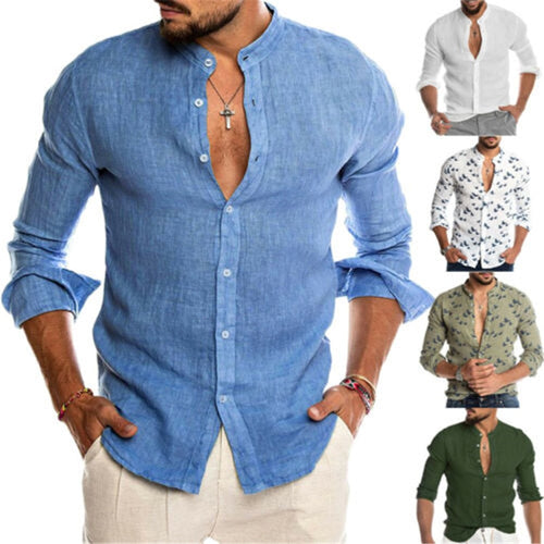 2019 Fashion Men Cotton Linen Shirts Casual Long Sleeve Stand Neck Tops Loose Blouse Men Clothes Swam Print Shirt Men Blouse Top