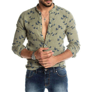 2019 Fashion Men Cotton Linen Shirts Casual Long Sleeve Stand Neck Tops Loose Blouse Men Clothes Swam Print Shirt Men Blouse Top