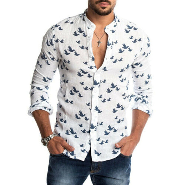 2019 Fashion Men Cotton Linen Shirts Casual Long Sleeve Stand Neck Tops Loose Blouse Men Clothes Swam Print Shirt Men Blouse Top