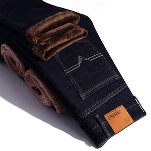 Winter Thermal Warm Flannel Stretch Jeans Mens Winter Quality Famous Brand Fleece Pants Men Straight Flocking Trousers Jean Male