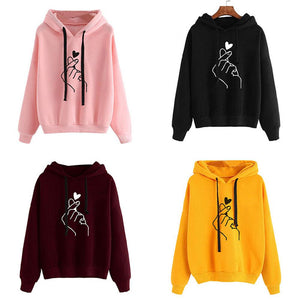 2019 New Women Fashion Hoodies Sweatshirt Girls Print Casual Hooded Love Heart-shaped Hand Spring Kawaii Pullover Streetwear