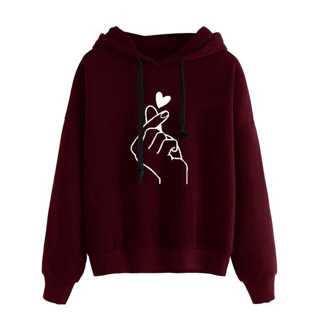 2019 New Women Fashion Hoodies Sweatshirt Girls Print Casual Hooded Love Heart-shaped Hand Spring Kawaii Pullover Streetwear