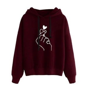 Fashion Hoodies Casual Cute Finger Heart Print Women Long sleeve Hoodies Drawstring Loose Daily Basic Sweatshirt Female