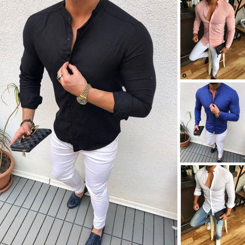 2019 Hot Men's Slim V Neck Long Sleeve Muscle Solid Shirt Casual Shirts Tops Blouse Men Fit Buttons Shirt Drop Shipping