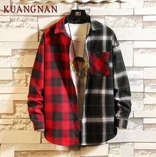 Load image into Gallery viewer, KUANGNAN Japan Style Red Patchwork Shirt Men Streetwear Men Shirts Casual Slim Fit Korean Men Shirt Long Sleeve 2019 Spring New